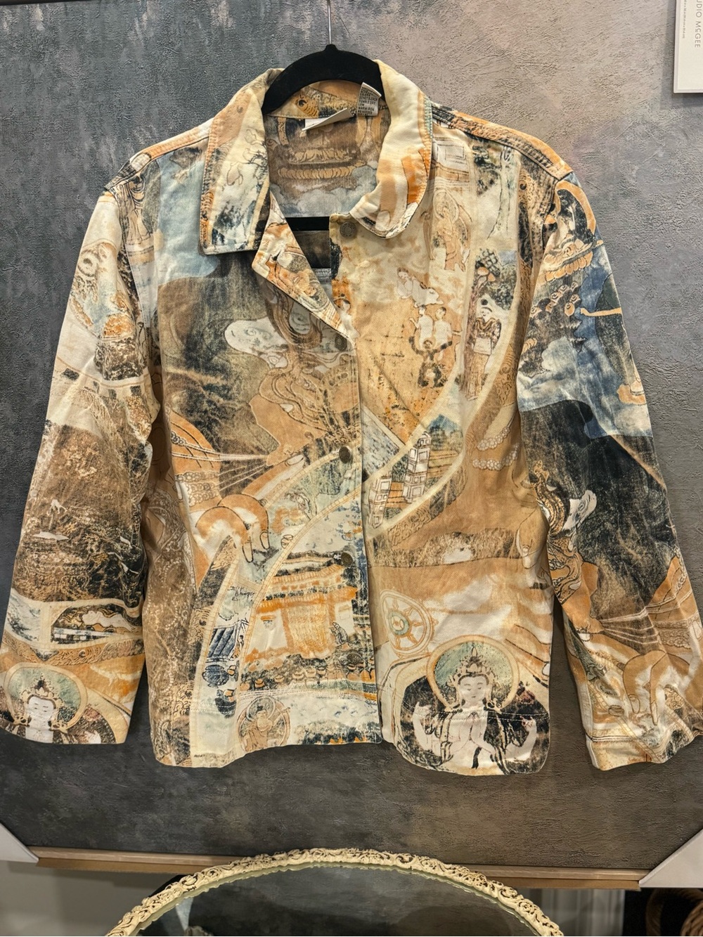 CHICO’S / Printed Art-Scene Lightweight Jacket in Beige and Blue / Size 2